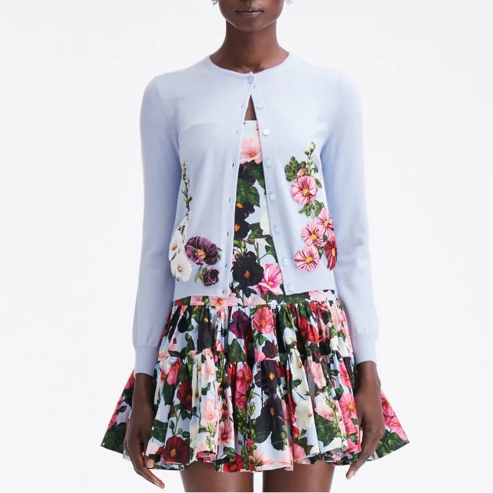 NWT Oscar de la Renta Hollyhocks Threadwork Embroidered Wool Cardigan, Size L